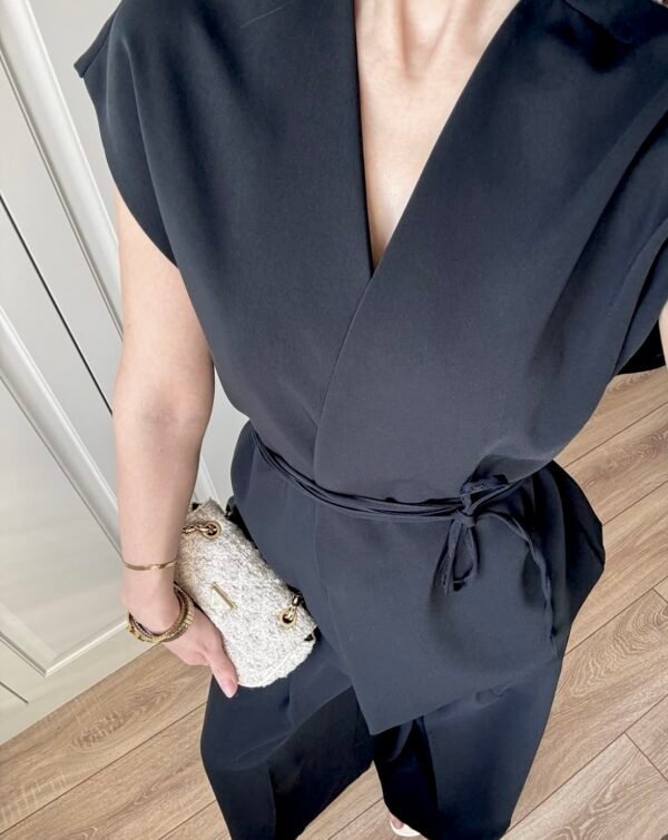 Ensemble gilet à nouer à la taille et son pantalon large noir – Image 2