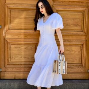 Robe mis longue en lin cintré à la taille blanc