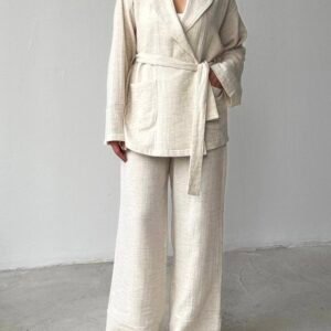 Ensemble pantalon ample et veste à nouer beige