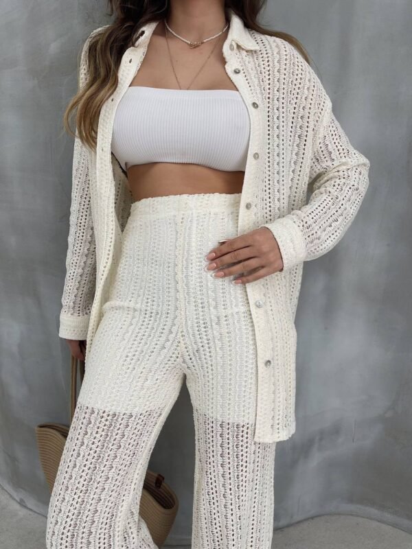 Ensemble crochet chemise et pantalon ample écru – Image 2