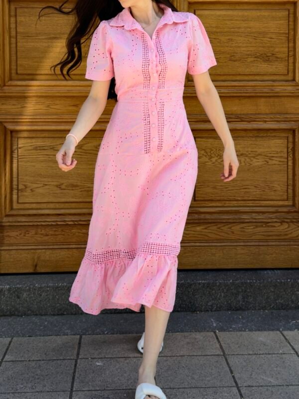 Robe brodé mis longue à nouer rose claire – Image 2