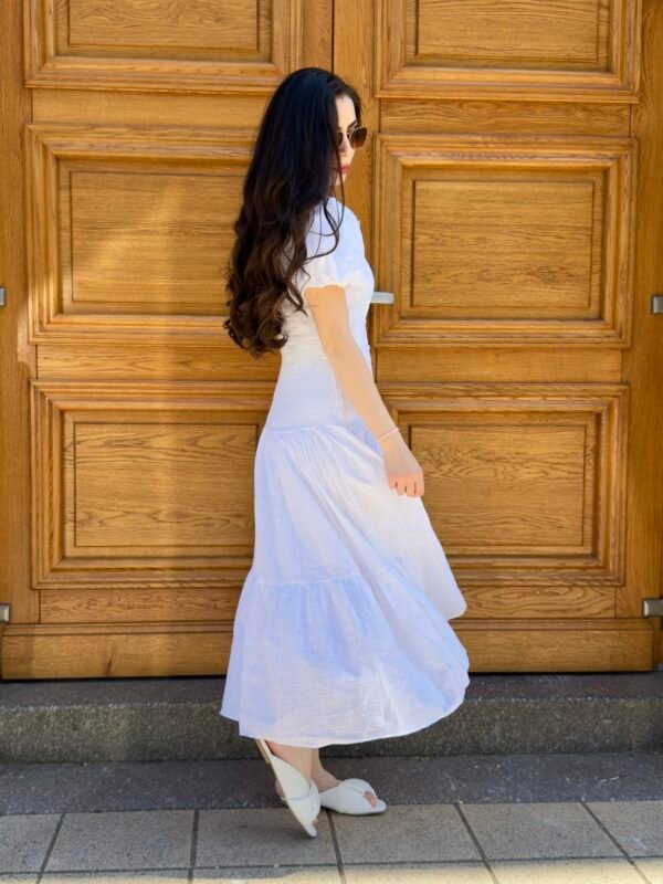 Robe mis longue en lin cintré à la taille blanc – Image 2