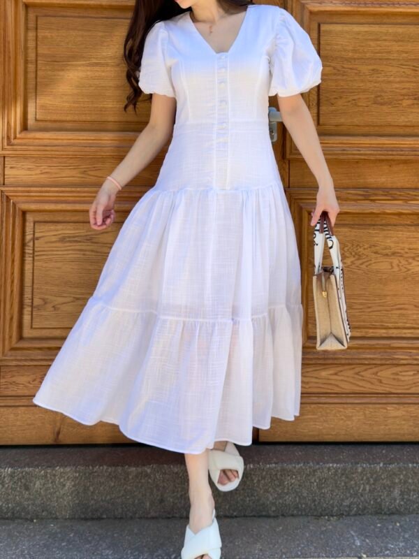 Robe mis longue en lin cintré à la taille blanc – Image 3