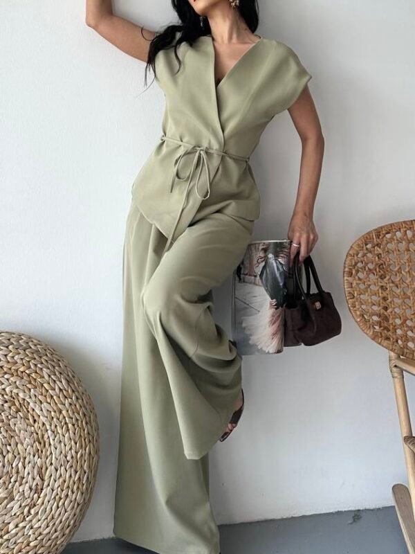 Ensemble gilet à nouer et son pantalon large vert amande – Image 4