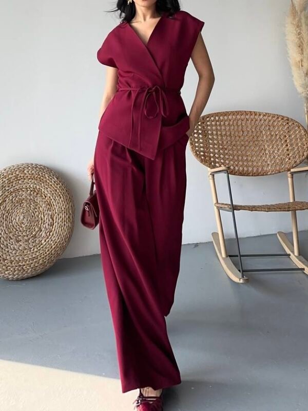 Ensemble gilet à nouer et son pantalon large bordeaux – Image 2