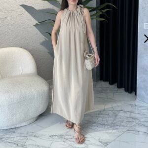 Robe droite à poche et à nouer beige