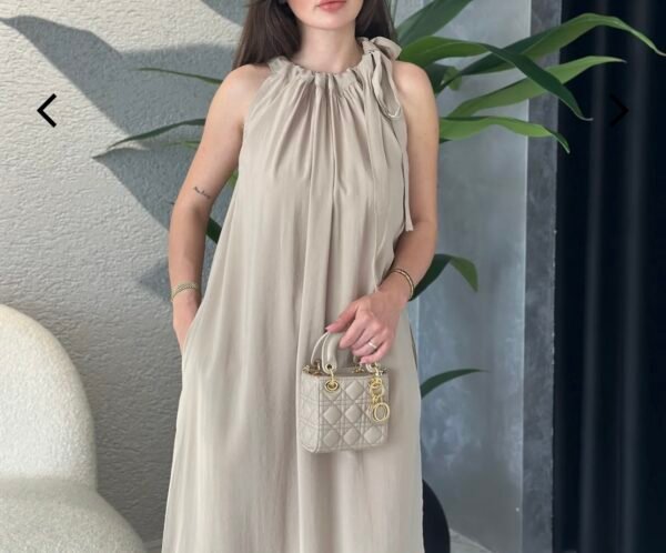Robe droite à poche et à nouer beige – Image 2