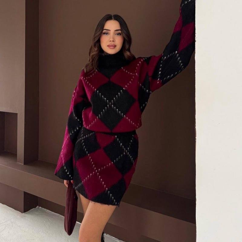 Ensemble pull & jupe à losanges | Bordeaux - Marron - Noir – Image 4