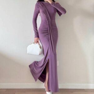 Robe de soirée drapé et à épaule tombante | Lila - Noir