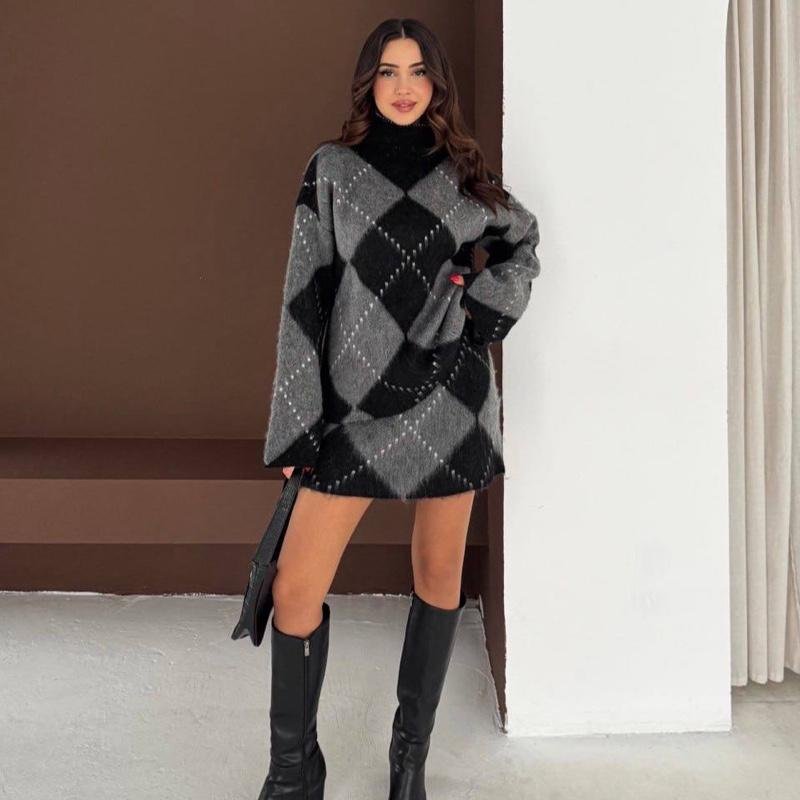 Ensemble pull & jupe à losanges | Bordeaux - Marron - Noir