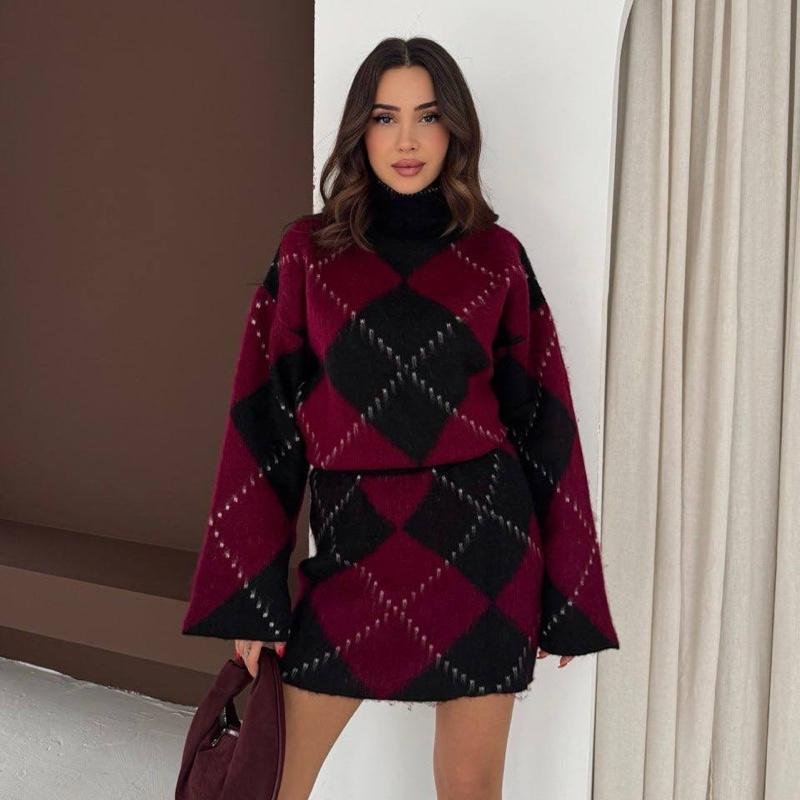 Ensemble pull & jupe à losanges | Bordeaux - Marron - Noir – Image 3