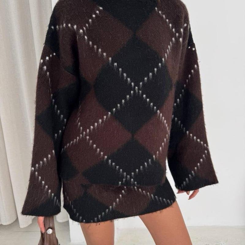 Ensemble pull & jupe à losanges | Bordeaux - Marron - Noir – Image 6