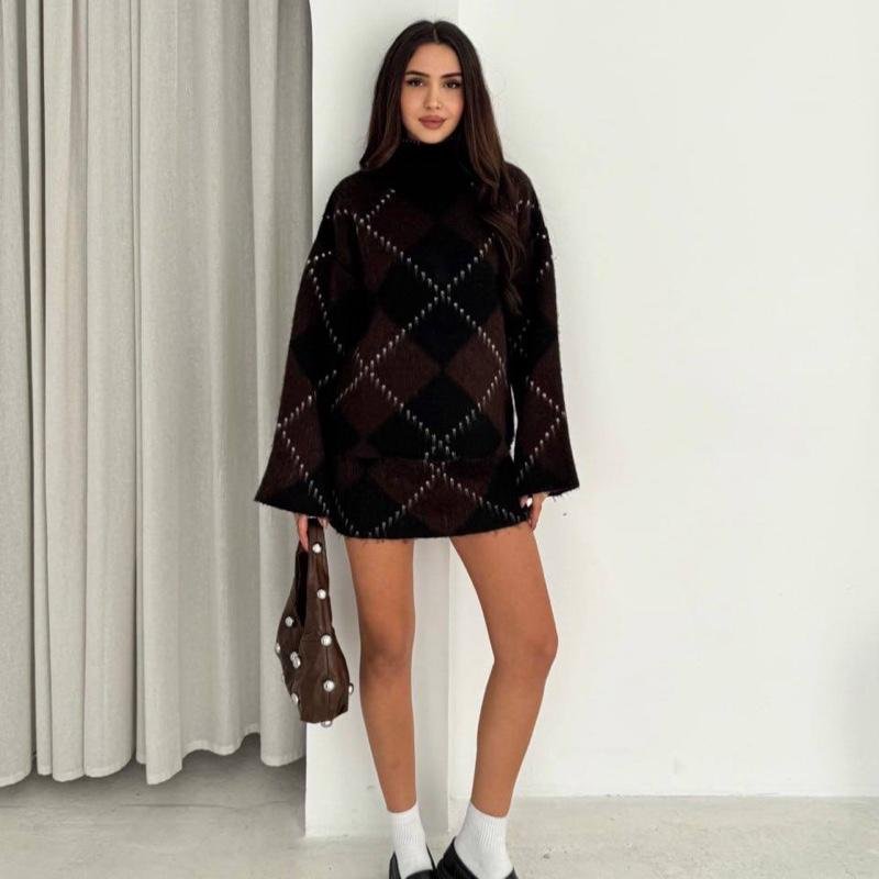 Ensemble pull & jupe à losanges | Bordeaux - Marron - Noir – Image 5