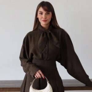 Chemise fluide à noeud et petit carreaux | Kaki/Noir (TU)