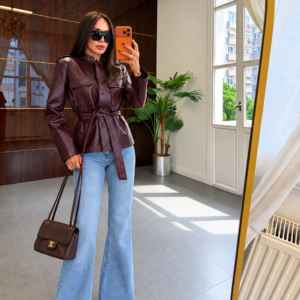 Veste saharienne ceinturée effet cuir bordeaux