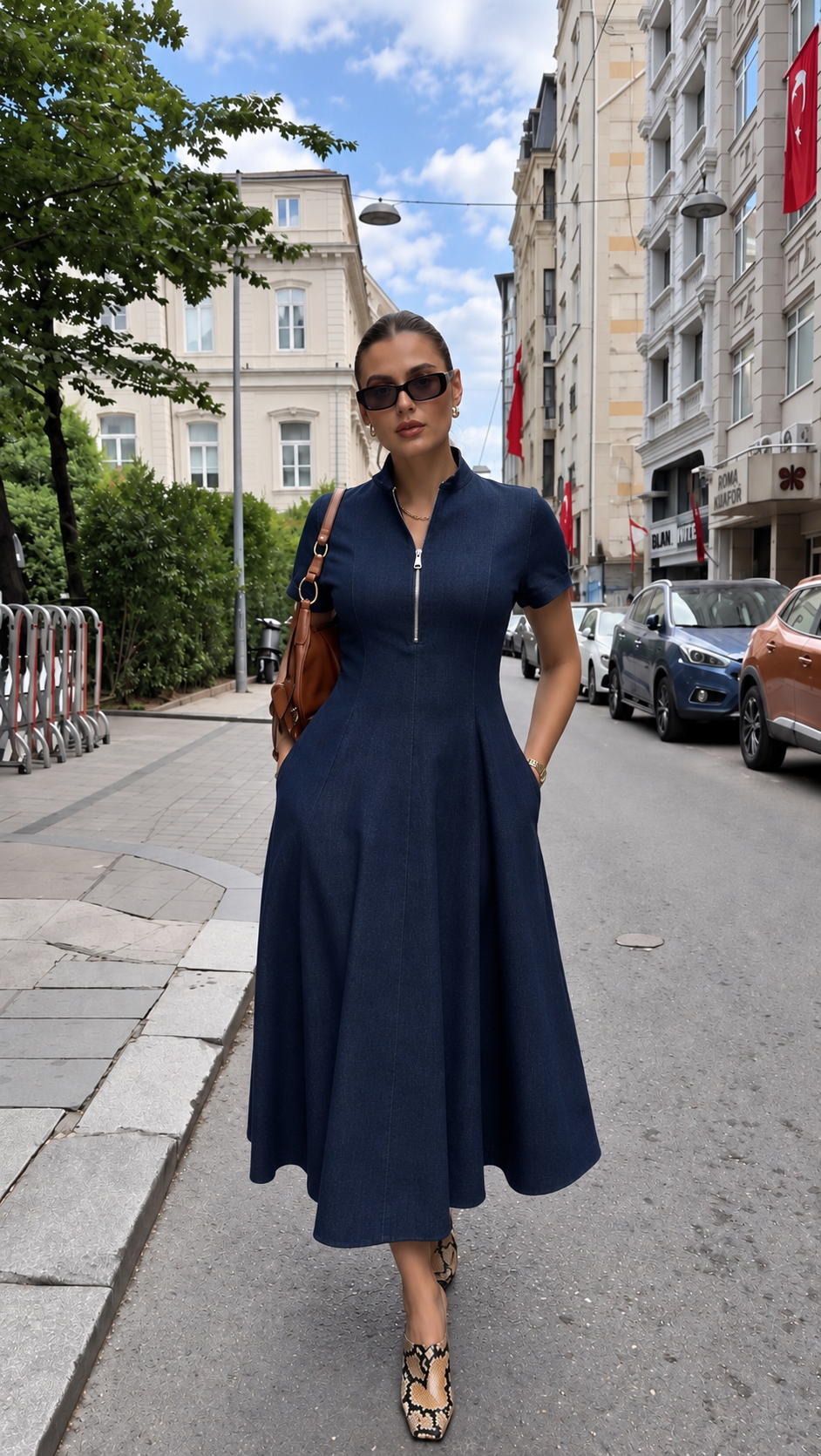 Robe longue en jean cintrée zippée