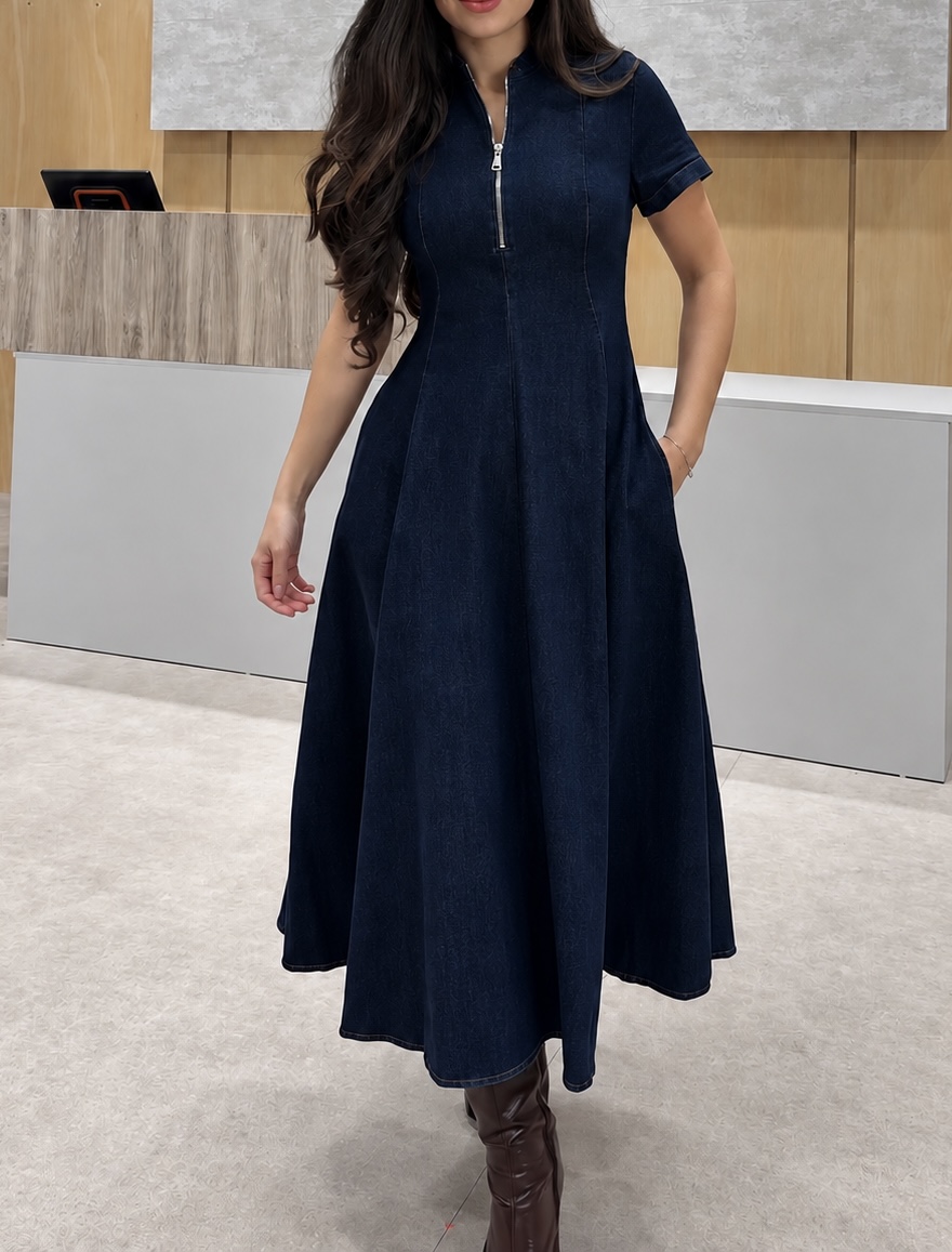 Robe longue en jean cintrée zippée